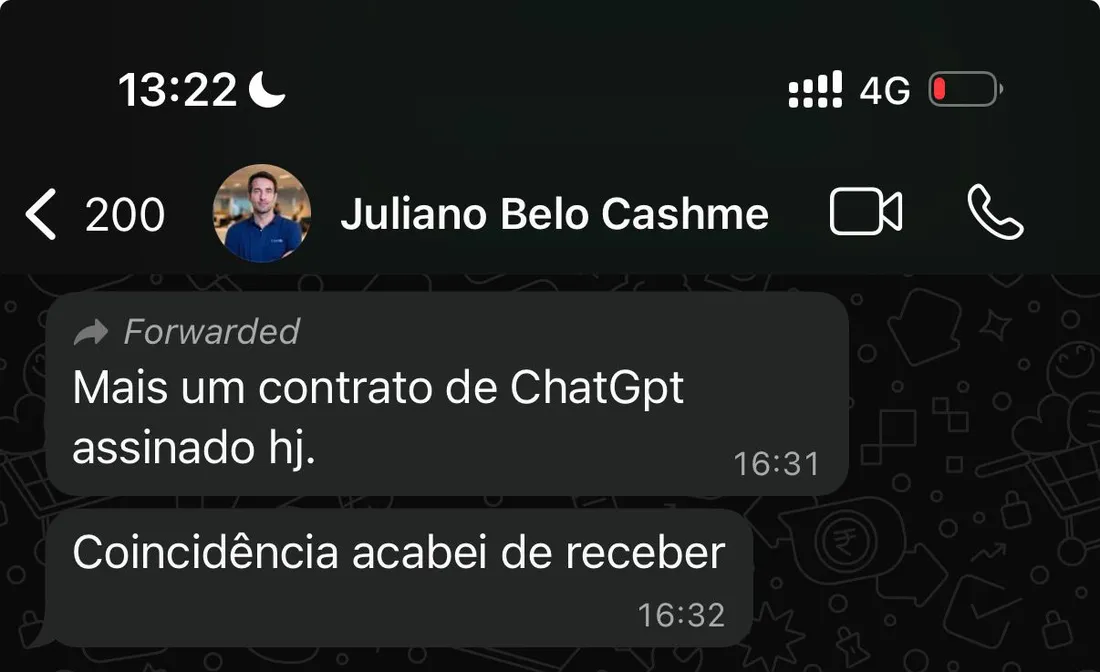 Mensagem do cliente da CashMe avisando que fechou mais um contrato vindo do ChatGPT