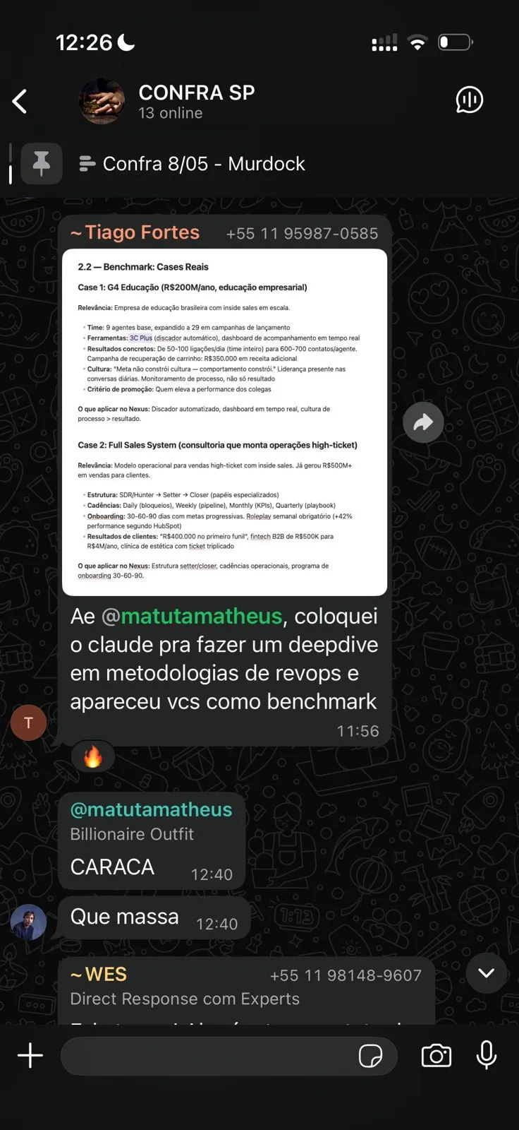 Mensagem em grupo de empresários citando a EngajaTech como referência